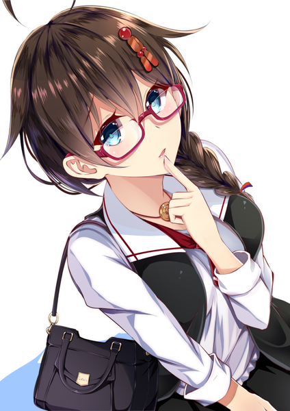 Anime picture 707x1000 with kantai collection shigure destroyer suitenjh single long hair tall image looking at viewer blush blue eyes brown hair white background braid (braids) official alternate costume finger to mouth girl glasses bag