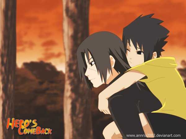 Anime picture 1152x864 with naruto studio pierrot naruto (series) uchiha sasuke uchiha itachi annria2002 long hair short hair black hair one eye closed wink black eyes siblings akatsuki brothers boy child (children)