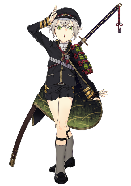 Anime picture 1000x1414 with touken ranbu nitroplus hotarumaru rururara single tall image short hair open mouth green eyes full body grey hair official art :o transparent background salute boy weapon sword socks shorts