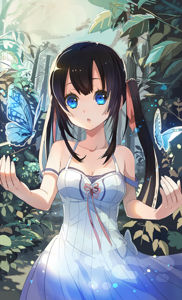 Anime picture 1200x1973 with original amanogawa0106 single long hair tall image looking at viewer fringe open mouth blue eyes black hair standing twintails cleavage outdoors wind lens flare strap slip surprised nature girl
