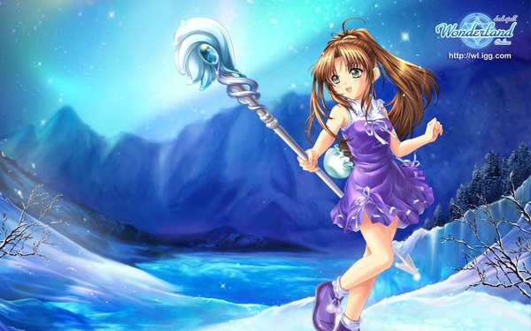 Anime picture 1680x1050 with wonderland online niss single long hair fringe open mouth brown hair wide image standing bare shoulders green eyes payot looking away ahoge outdoors ponytail bare legs copyright name sleeveless standing on one leg
