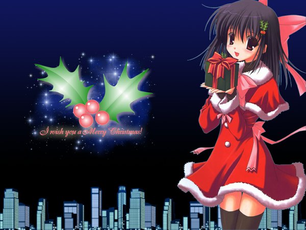 Anime picture 1024x768 with original nanao naru single long hair looking at viewer fringe black hair hair between eyes red eyes holding wallpaper zettai ryouiki city christmas cityscape third-party edit girl thighhighs hair ornament black thighhighs