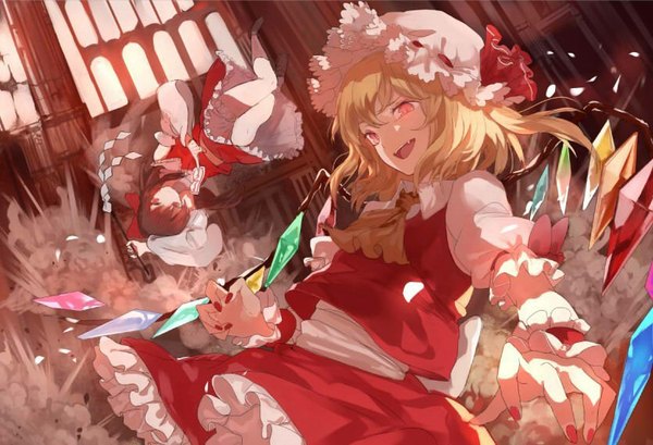 Anime picture 835x570 with touhou hakurei reimu flandre scarlet ran (pixiv2957827) looking at viewer fringe short hair blonde hair smile red eyes brown hair multiple girls holding looking away indoors nail polish traditional clothes :d fingernails wide sleeves