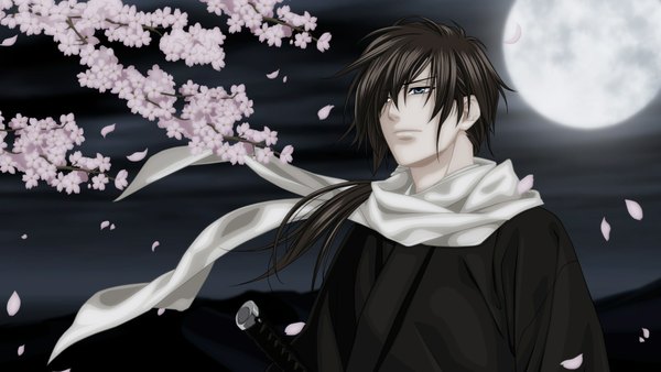 Anime picture 1914x1080 with hakuouki shinsengumi kitan studio deen saito hajime cilou (artist) single long hair highres blue eyes black hair wide image japanese clothes cherry blossoms boy petals scarf