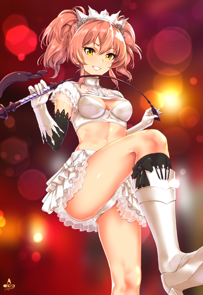 Anime picture 1000x1449 with fate (series) fate/grand order idolmaster idolmaster cinderella girls jougasaki mika medb (fate) infinote single tall image looking at viewer blush fringe short hair light erotic smile hair between eyes holding signed yellow eyes orange hair