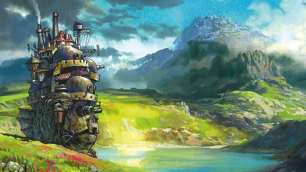 Anime picture 1920x1080 with howl's moving castle studio ghibli highres wide image sky cloud (clouds) mountain no people lake plant (plants) building (buildings) grass monster house castle smoke stack