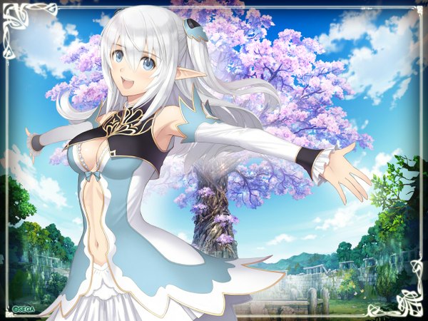 Anime picture 1280x960 with shining (series) shining blade altina (shining blade) tony taka single long hair looking at viewer open mouth blue eyes smile cloud (clouds) white hair pointy ears midriff spread arms girl dress navel plant (plants) detached sleeves