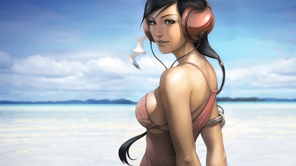 Anime picture 1920x1080 with original pepper project artgerm (stanley lau) long hair highres black hair smile wide image bare shoulders brown eyes looking back realistic beach girl swimsuit animal bikini headphones bird (birds) seagull