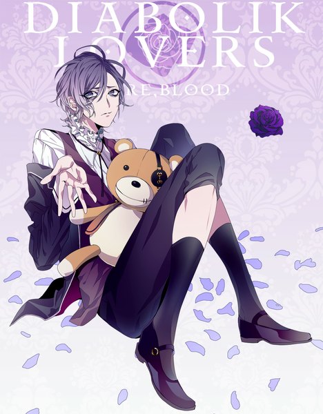 Anime picture 919x1178 with diabolik lovers idea factory sakamaki kanato kusari n ba (kigou) single tall image short hair blue eyes sitting purple hair inscription outstretched arm boy uniform flower (flowers) school uniform petals socks rose (roses) black socks