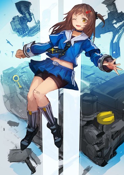 Anime picture 718x1016 with original lm7 (op-center) single long hair tall image looking at viewer open mouth brown hair yellow eyes one eye closed wink one side up ;d weightlessness girl skirt hair ornament miniskirt choker socks