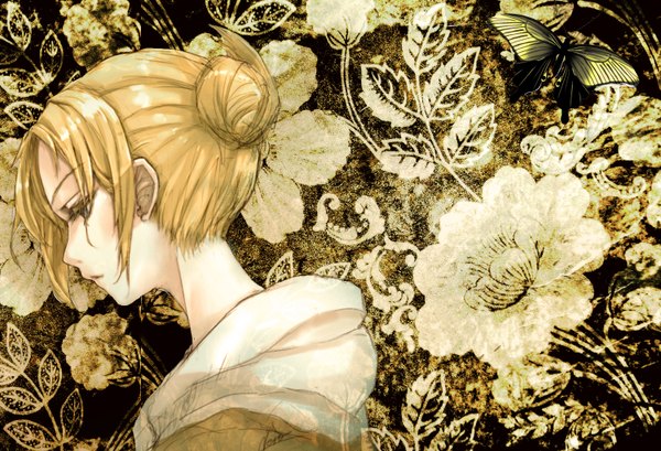 Anime picture 1500x1024 with shingeki no kyojin production i.g annie leonhart kuroneko nero single short hair blonde hair profile hair bun (hair buns) looking down girl flower (flowers) hood