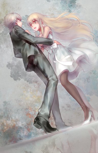 Anime picture 1125x1750 with aldnoah.zero a-1 pictures slaine troyard asseylum vers allusia kanmuri (hanyifan30338) long hair tall image blush fringe short hair open mouth blonde hair looking away bent knee (knees) high heels sleeveless couple happy hands on hips dancing