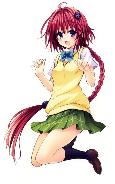 Anime picture 1607x2551 with toloveru toloveru darkness xebec kurosaki mea yabuki kentarou single long hair tall image looking at viewer open mouth blue eyes simple background white background ahoge red hair braid (braids) scan official art plaid skirt jumping