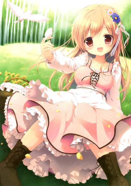 Anime picture 2110x3000 with original eshi 100-nin ten miyasaka nako long hair tall image looking at viewer blush highres open mouth blonde hair red eyes hair flower bird on hand girl dress hair ornament flower (flowers) animal boots bird (birds)