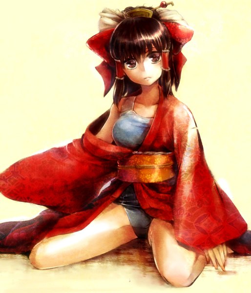 Anime picture 1100x1285 with touhou hakurei reimu 58 (pixiv 607516) single tall image fringe light erotic simple background brown hair sitting brown eyes traditional clothes japanese clothes lips open clothes legs yellow background sad girl hair ornament