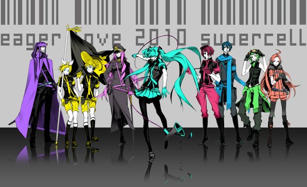 Anime picture 2000x1217 with vocaloid koi wa sensou (vocaloid) hatsune miku megurine luka kagamine rin kagamine len gumi kaito (vocaloid) meiko kamui gakupo miki (vocaloid) miwa shirow long hair highres short hair smile red eyes wide image twintails multiple girls