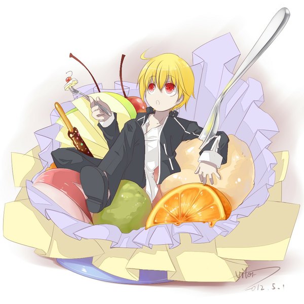 Anime picture 1024x1024 with fate (series) fate/stay night fate/zero studio deen type-moon gilgamesh (fate) gilgamesh (immoral biker jacket) (fate) tagme (artist) single short hair open mouth blonde hair red eyes signed open collar boy shirt fruit spoon