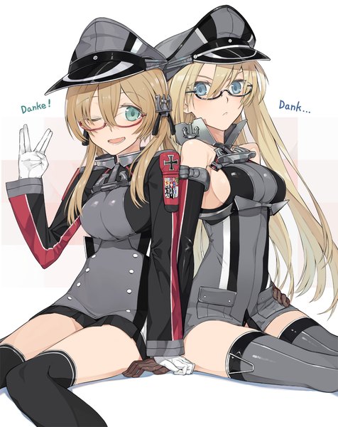 Anime picture 858x1080 with kantai collection bismarck battleship prinz eugen (kantai collection) hayashi kewi long hair tall image looking at viewer blush open mouth blue eyes blonde hair sitting twintails multiple girls one eye closed wink sideboob bespectacled :< german