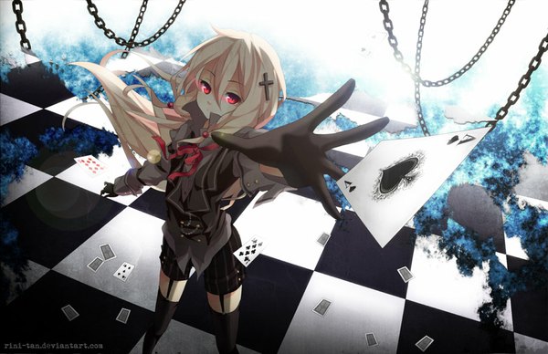 Anime picture 1024x663 with original rini-tan single long hair blonde hair pink eyes glowing light glowing eye (eyes) checkered floor girl thighhighs gloves black thighhighs shorts chain cross card (cards) suspenders