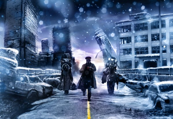 Anime picture 1200x829 with romantically apocalyptic alexiuss wallpaper city snowing winter snow ruins post-apocalyptic hat building (buildings) bag cup ground vehicle car road respirator