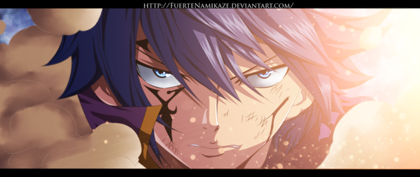 Anime picture 1900x802 with fairy tail jellal fernandes fuertenamikaze single highres short hair blue eyes wide image blue hair sunlight tattoo coloring facial mark close-up smoke face dust boy
