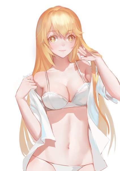 Anime picture 2480x3507 with to aru kagaku no railgun j.c. staff shokuhou misaki kamachi kamachi-ko single long hair tall image blush fringe highres breasts light erotic simple background blonde hair large breasts white background signed yellow eyes light smile adjusting hair