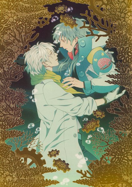 Anime picture 2987x4251 with dramatical murder nitro+chiral aoba (dmmd) clear (dmmd) honya lala long hair tall image highres short hair blue hair white hair profile scan official art multiple boys underwater face to face boy gloves jacket