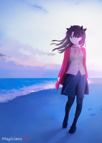 Anime picture 1027x1435 with fate (series) fate/stay night type-moon toosaka rin magicians (zhkahogigzkh) single long hair tall image looking at viewer fringe blue eyes black hair twintails signed pink hair sky cloud (clouds) multicolored hair sunlight :o
