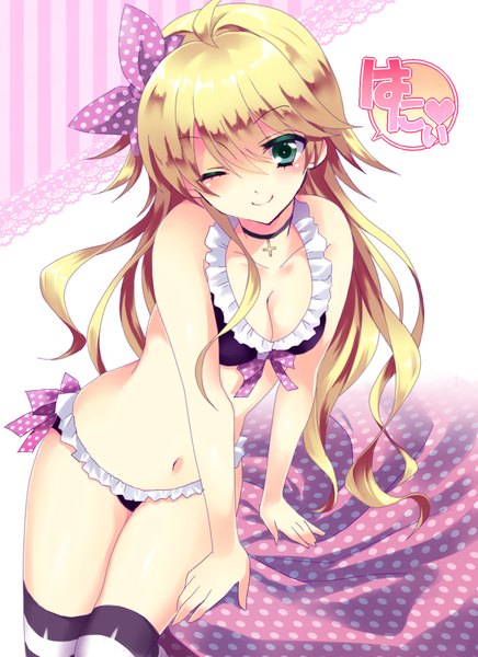 Anime picture 1491x2049 with idolmaster hoshii miki lyric (artist) single long hair tall image looking at viewer blush light erotic blonde hair smile green eyes ahoge one eye closed wink girl thighhighs navel bow swimsuit