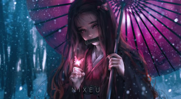Anime picture 1823x1000 with kimetsu no yaiba ufotable kamado nezuko nixeu single long hair highres black hair wide image holding signed upper body outdoors nail polish traditional clothes japanese clothes pink eyes multicolored hair fingernails blurry