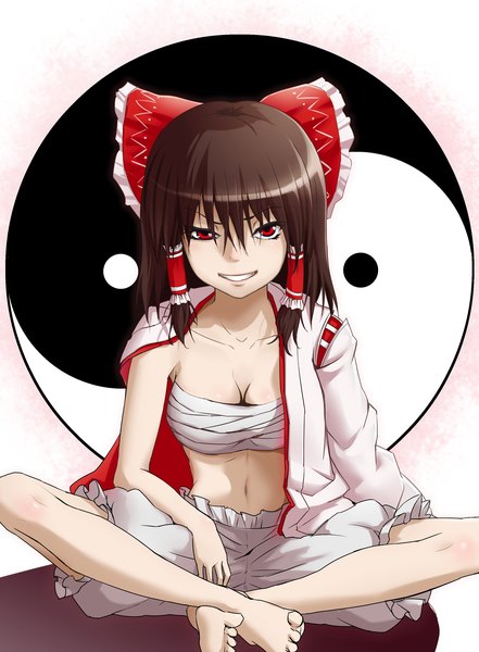 Anime picture 1501x2039 with touhou hakurei reimu ao ebi single long hair tall image looking at viewer black hair smile red eyes barefoot girl navel bow hair bow bandage (bandages)