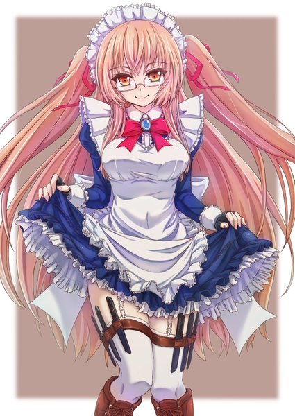 Anime picture 1254x1771 with original modern combat maid (tori@gununu) tori@gununu single long hair tall image looking at viewer smile brown hair brown eyes maid lace-up boots girl thighhighs dress white thighhighs glasses boots belt headdress