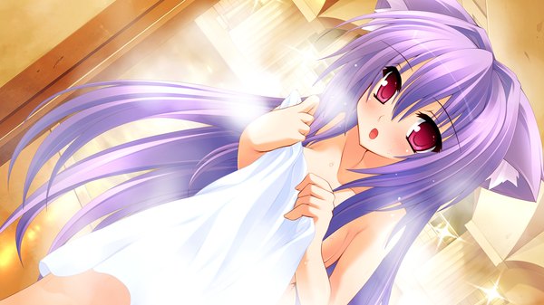 Anime picture 1280x720 with tiny dungeon (game) rosebleu single long hair open mouth light erotic red eyes wide image animal ears game cg purple hair covering nude cover girl towel