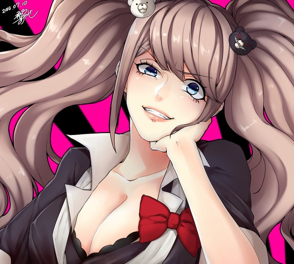 Anime picture 1181x1064 with dangan ronpa enoshima junko kuwa ayase single long hair breasts blue eyes smile large breasts twintails cleavage upper body grey hair lipstick grin dated pink lipstick head rest girl bow