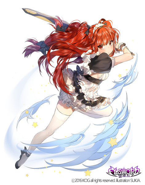Anime picture 700x891 with elsword elesis (elsword) sorolp single long hair tall image looking at viewer blush fringe breasts simple background red eyes white background twintails signed full body bent knee (knees) red hair short sleeves maid