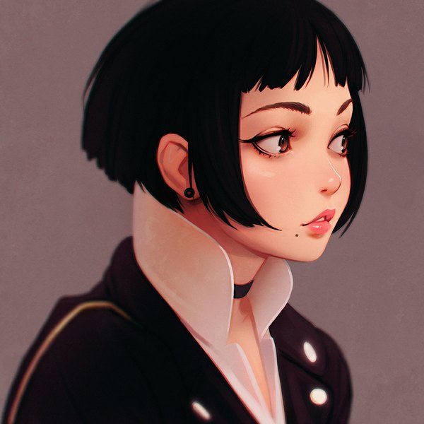 Anime picture 1080x1080 with original ilya kuvshinov single fringe short hair black hair simple background brown eyes looking away parted lips lips realistic mole lipstick portrait mole under mouth pink lipstick brown background girl earrings