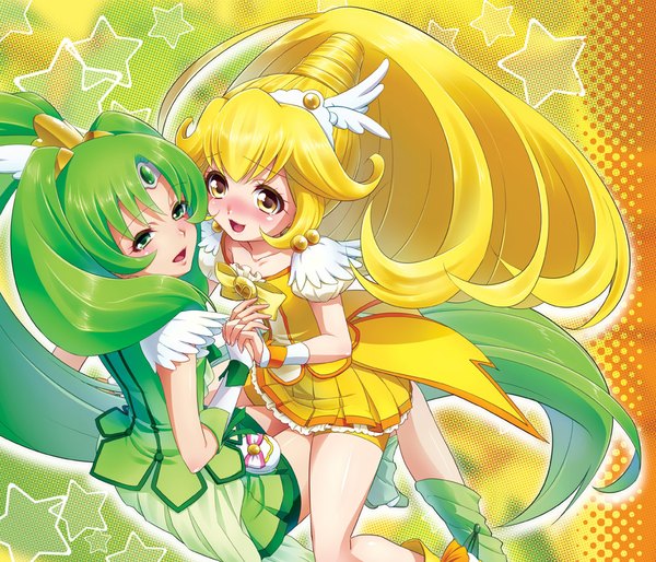Anime picture 1000x858 with precure smile precure! toei animation kise yayoi midorikawa nao cure peace cure march yuu (derodero) long hair blush open mouth blonde hair multiple girls green eyes yellow eyes ponytail very long hair green hair holding hands shoujo ai