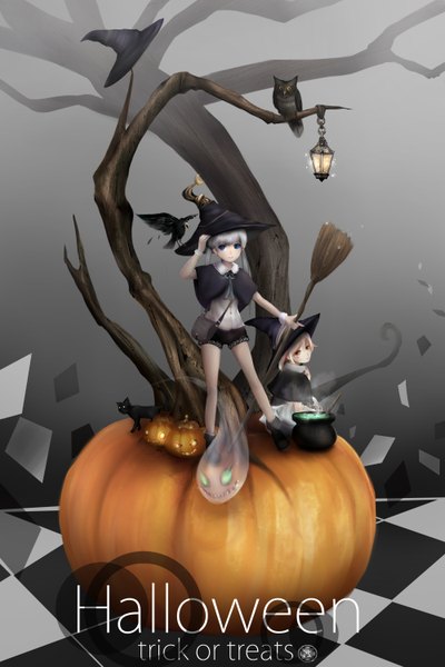 Anime picture 2000x3000 with original zhang xiao bo long hair tall image highres blue eyes twintails multiple girls brown eyes white hair halloween ghost witch trick or treat girl dress 2 girls plant (plants) hat animal