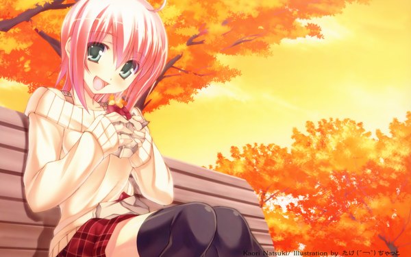 Anime picture 4000x2500 with 11 eyes doga kobo highres short hair open mouth blonde hair smile wide image sitting green eyes pink hair absurdres autumn girl thighhighs uniform plant (plants) school uniform tree (trees) food