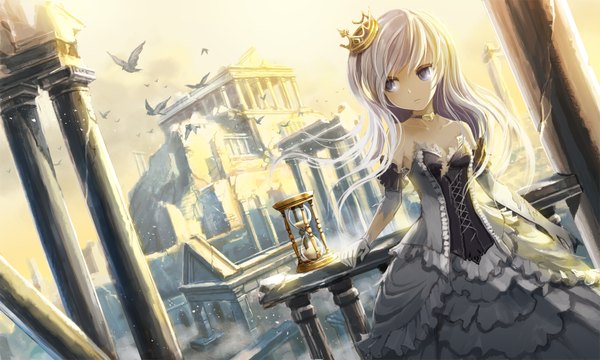 Anime picture 1600x960 with original ume (illegal bible) single long hair blue eyes wide image looking away white hair girl dress gloves animal white gloves bird (birds) clock crown hourglass