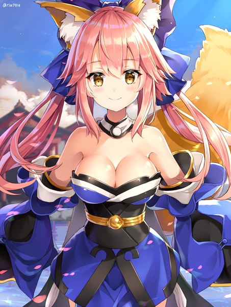 Anime picture 748x989 with fate (series) fate/extra tamamo (fate) (all) tamamo no mae (fate) rin yuu single long hair tall image looking at viewer blush fringe breasts light erotic smile hair between eyes large breasts twintails signed animal ears yellow eyes