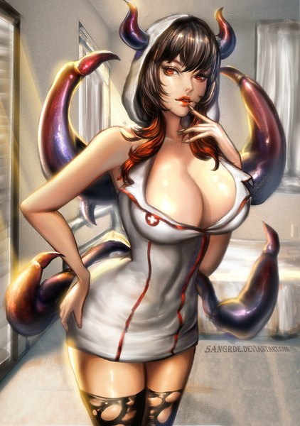 Anime picture 800x1136 with original sangrde single long hair tall image breasts light erotic red eyes large breasts cleavage multicolored hair horn (horns) lips two-tone hair hand on hip finger to mouth nurse girl thighhighs black thighhighs