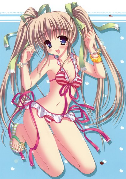 Anime picture 2220x3154 with hinamatsuri touko long hair tall image blush highres open mouth blue eyes brown hair twintails girl ribbon (ribbons) swimsuit bikini bracelet striped bikini