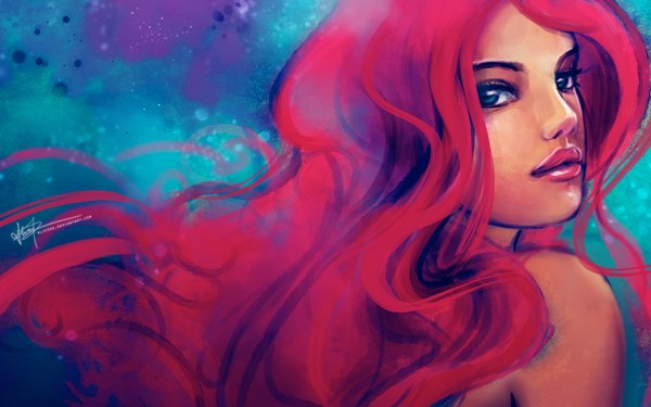 Anime picture 1920x1200 with the little mermaid disney ariel alicexz long hair highres blue eyes wide image bare shoulders red hair looking back lips face girl