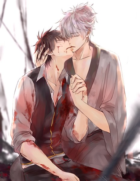 Anime picture 800x1030 with gintama sunrise (studio) sakata gintoki hijikata toshiro ke (pixiv) tall image short hair black hair simple background white background eyes closed grey hair open clothes multiple boys open shirt holding hands kiss shounen ai boy uniform