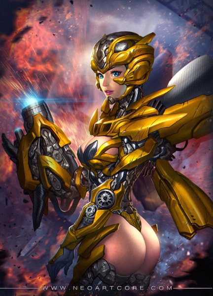 Anime picture 1000x1389 with transformers bumblebee nudtawut thongmai single tall image breasts blue eyes light erotic ass lips realistic genderswap mechanical girl weapon helmet