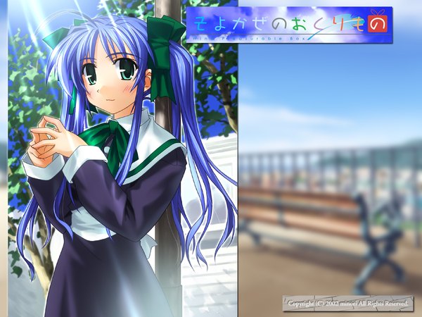 Anime picture 1280x960 with wind a breath of heart narukaze minamo long hair blush twintails green eyes blue hair ahoge sunlight girl uniform ribbon (ribbons) plant (plants) hair ribbon school uniform tree (trees) bench
