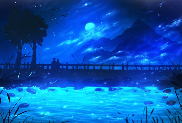 Anime picture 1557x1053 with original ryky sky night mountain landscape lake ambiguous gender plant (plants) animal tree (trees) bird (birds) insect moon grass full moon railing fireflies