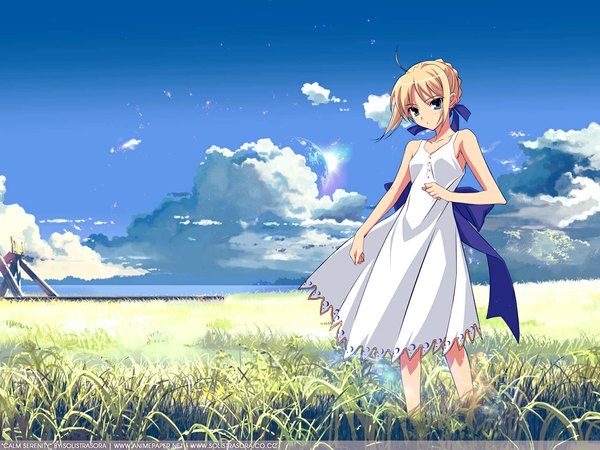 Anime picture 1152x864 with fate (series) fate/stay night studio deen type-moon artoria pendragon (all) saber single looking at viewer short hair blue eyes blonde hair sky cloud (clouds) ahoge landscape girl sundress