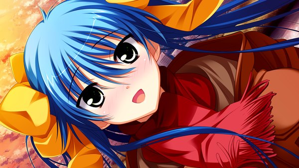 Anime picture 1280x720 with asa project ren'ai 0 kilometer kinomoto mayo hiiragi akeo (artist) long hair blush open mouth wide image twintails green eyes blue hair game cg :d girl scarf